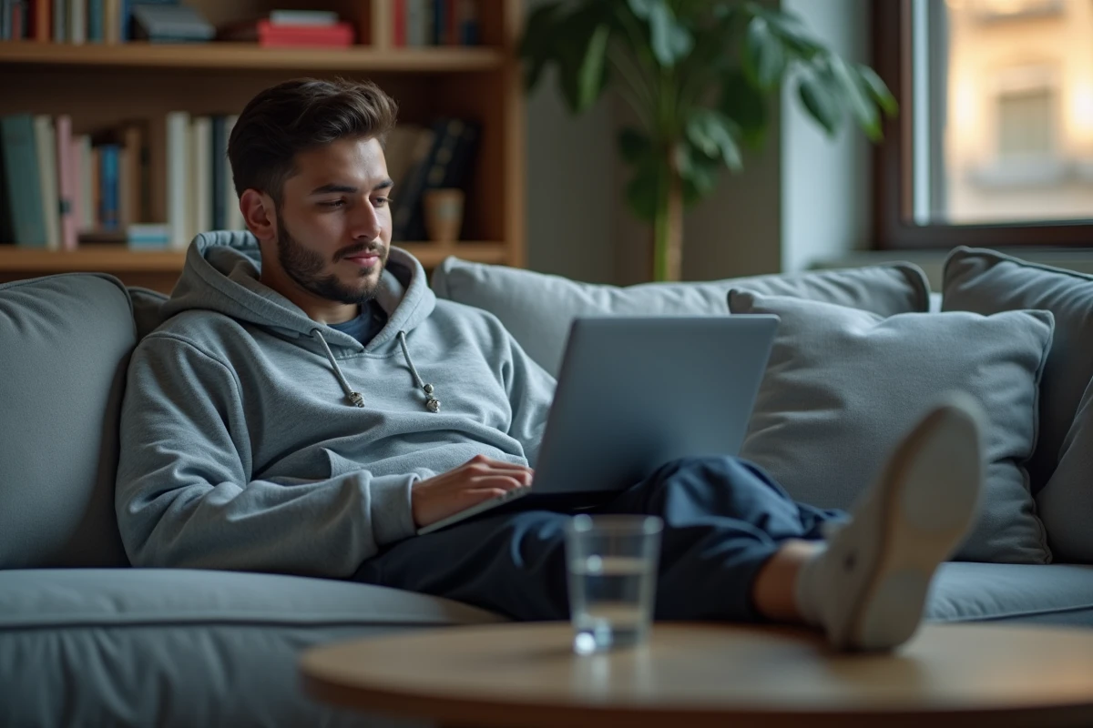 Jeune homme allongé sur un canapé lisant un scan de webtoon sur ordinateur portable dans un salon moderne