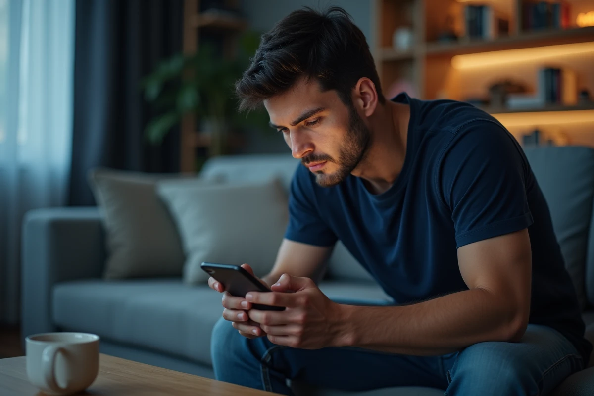 Homme jouant à Room Exit sur smartphone et cherchant la solution complète pour terminer le jeu