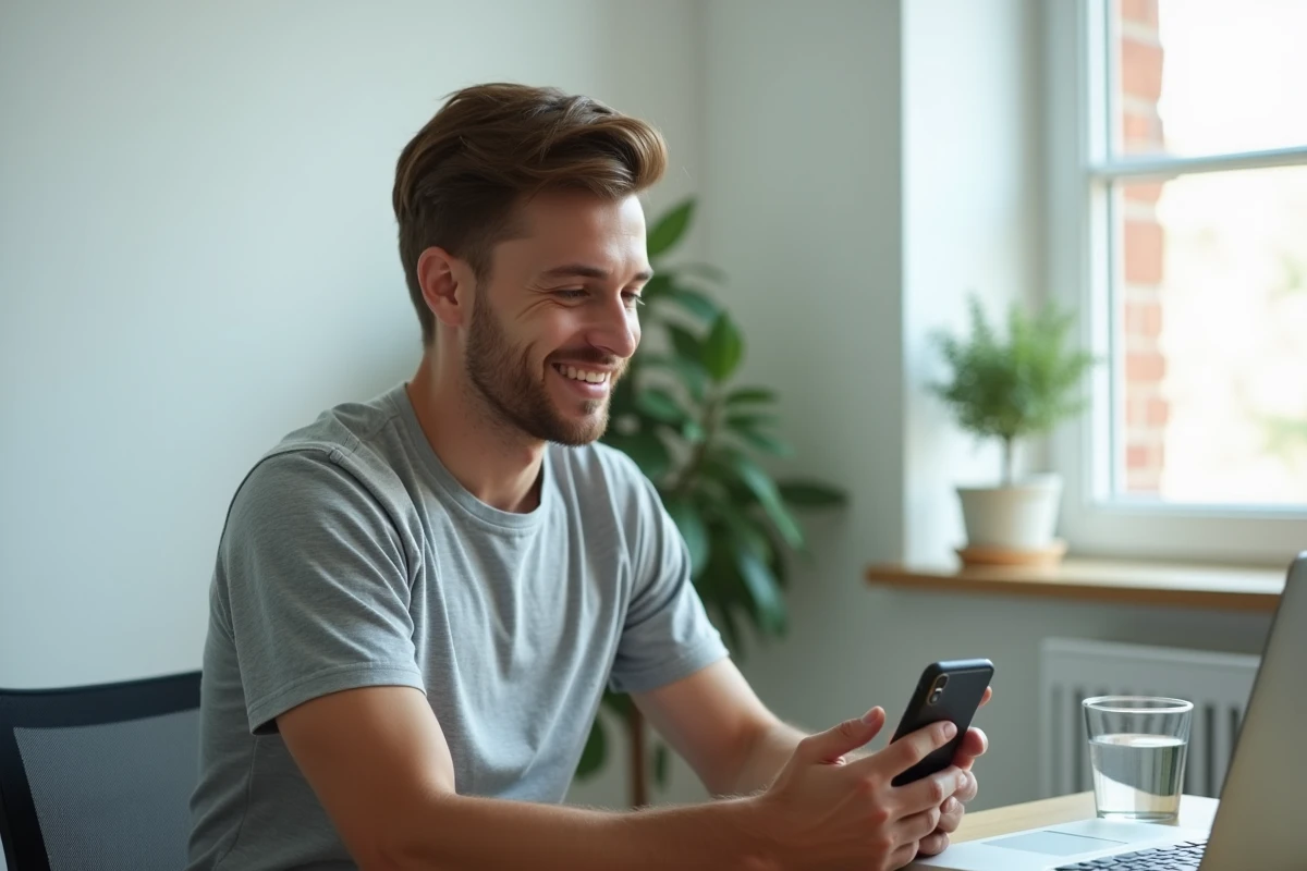 Homme regardant son téléphone avec un sourire hésitant, se demandant si quelqu'un pense à lui, ambiance bureau minimaliste