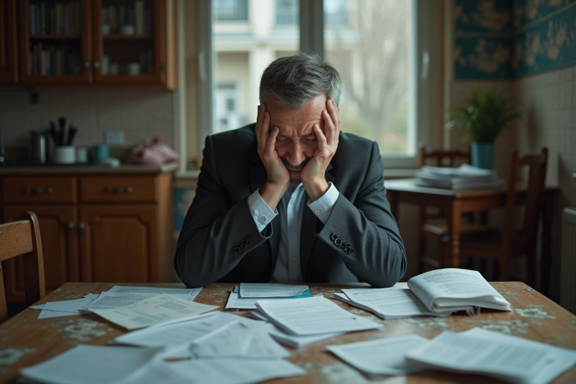 Homme stressé avec factures et dettes sur la table