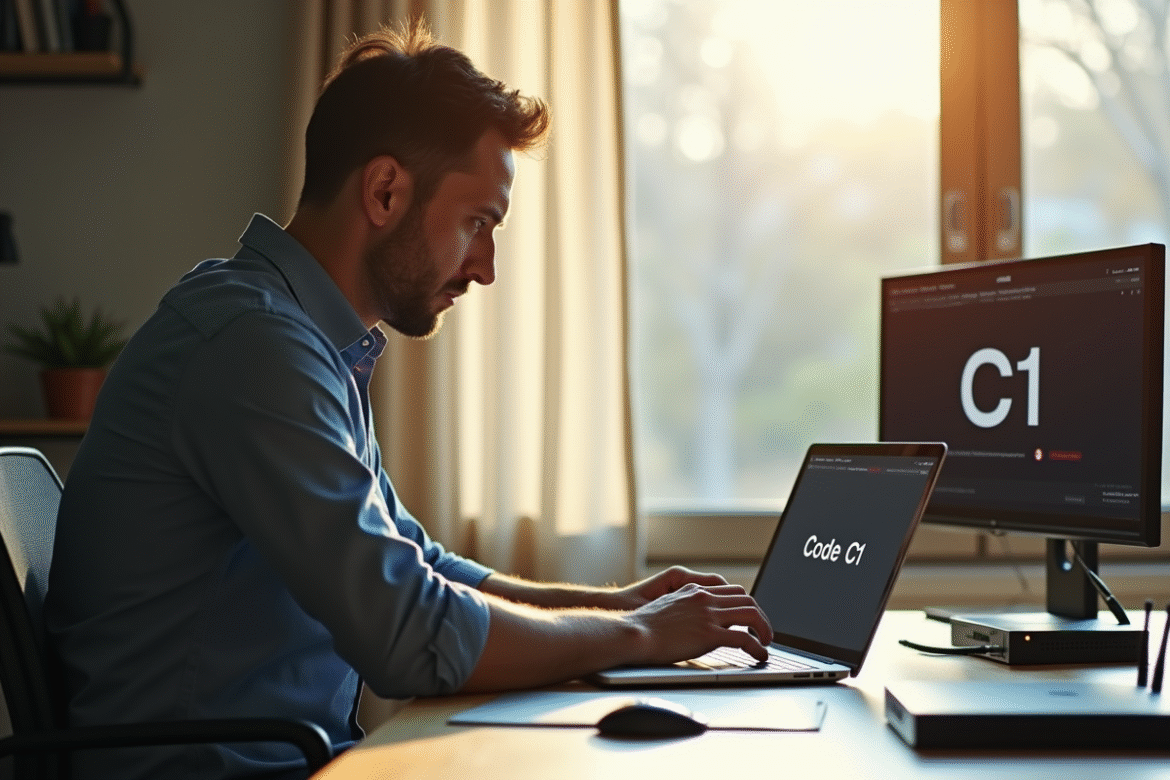 Homme frustré devant son ordinateur avec erreur Code C1