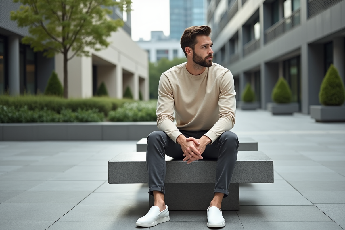 Homme élégant assis dans une place urbaine moderne