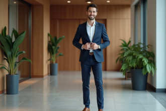 Jeune homme en costume navy dans un bureau moderne