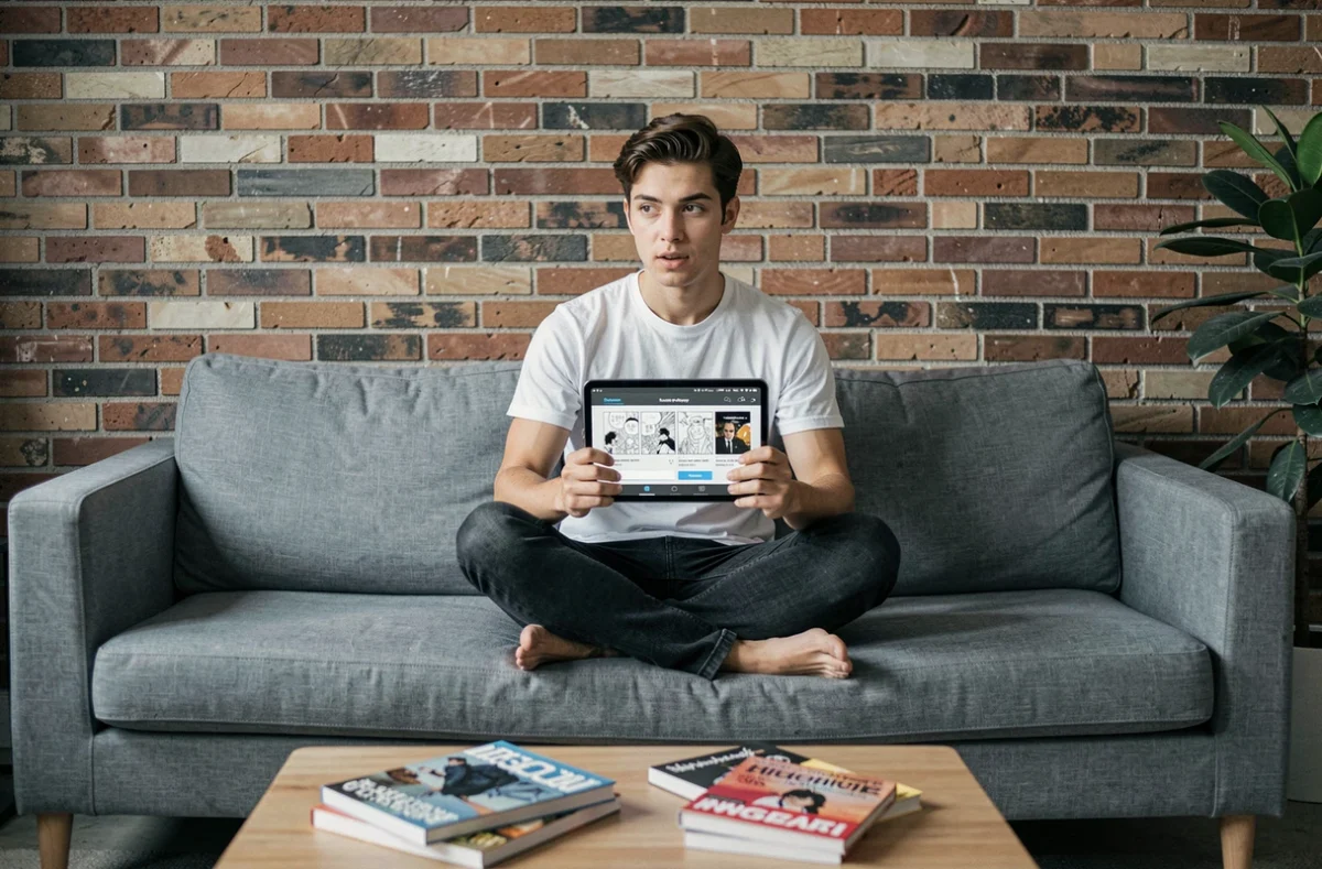 Homme consultant une application de lecture de mangas sur tablette pour retrouver des chapitres disparus sur son canapé