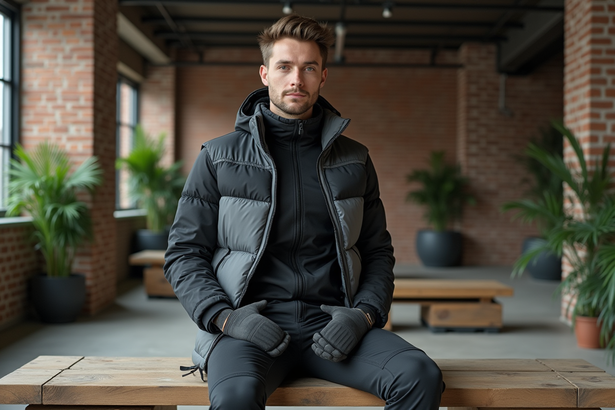 Homme en techwear dans un loft industriel moderne