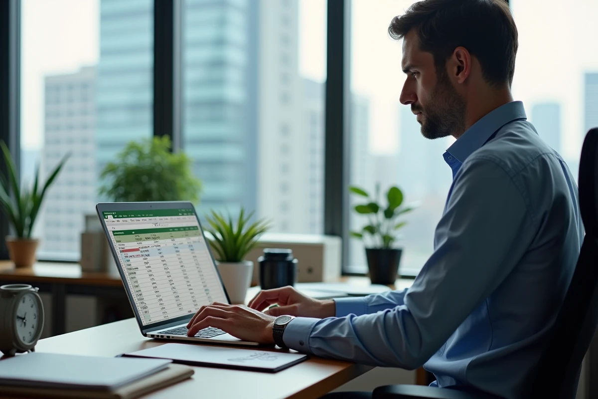 Homme en milieu professionnel utilise un ordinateur portable