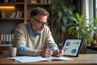 Homme d'âge moyen prenant des notes avec une tablette