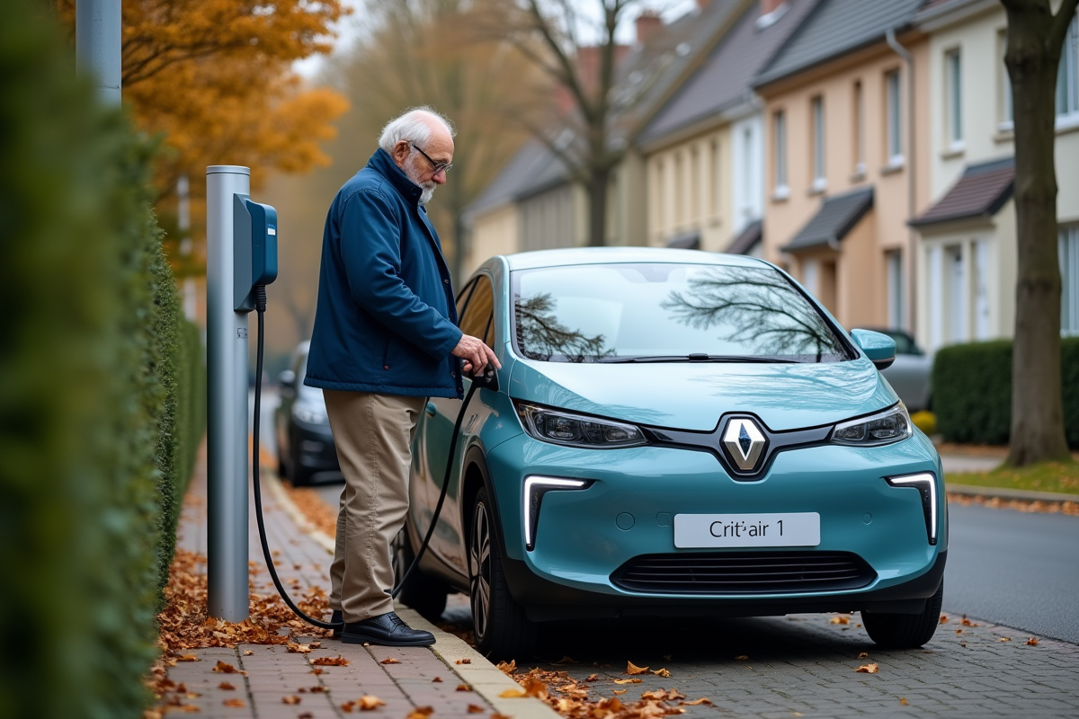 Homme âgé examinant une voiture électrique en suburbain