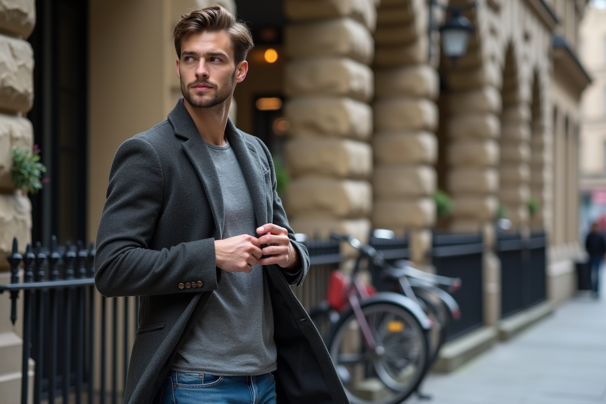Jeune homme stylé dans une rue urbaine animée