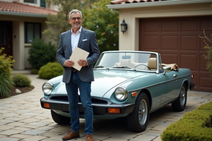Homme d'âge moyen avec voiture vintage et documents