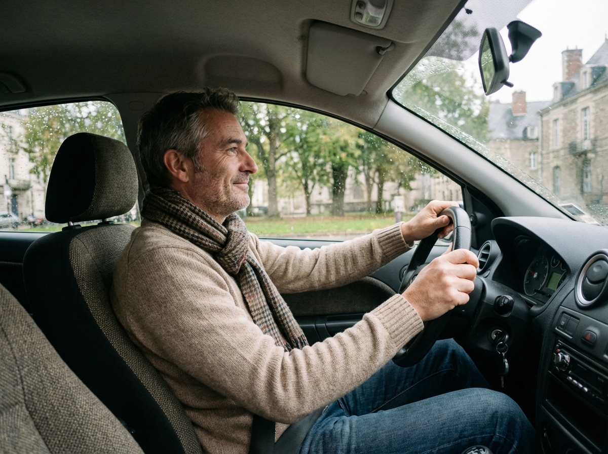 Homme dans une voiture avec vue sur un parc à Rennes