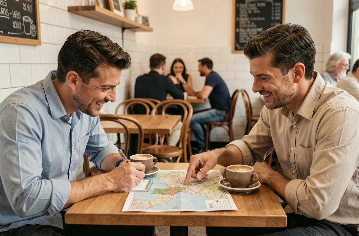 Deux hommes jouant à un quiz de capitales géographiques autour d'une carte dans un café