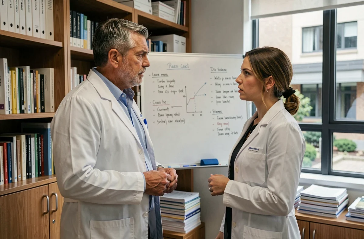 Deux médecins en blouse blanche en discussion tendue dans un bureau clinique, évoquant la dynamique complexe entre le Dr House et le Dr Cameron dans l'équipe médicale