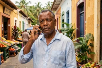 Homme réunionnais utilisant son smartphone dans une rue commerçante de Saint-Denis, illustrant l'usage de l'indicatif téléphonique 0262 à La Réunion