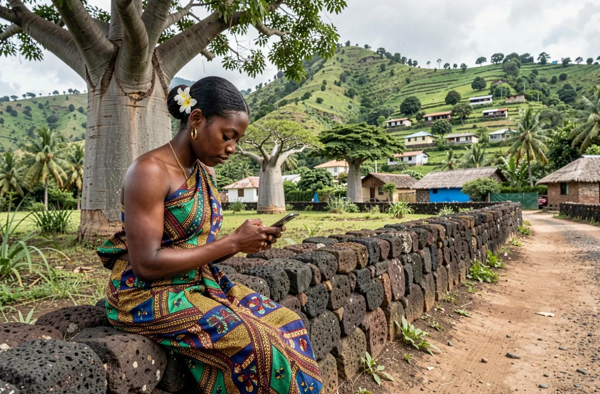Jeune femme mahoraise consultant son téléphone à Mayotte, illustrant l'utilisation de l'indicatif téléphonique 0269 dans l'archipel