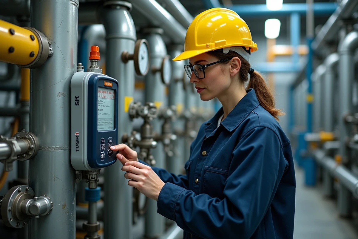 Ingénieure de procédés inspectant un analyseur de gaz BELMASS sur site industriel pétrolier