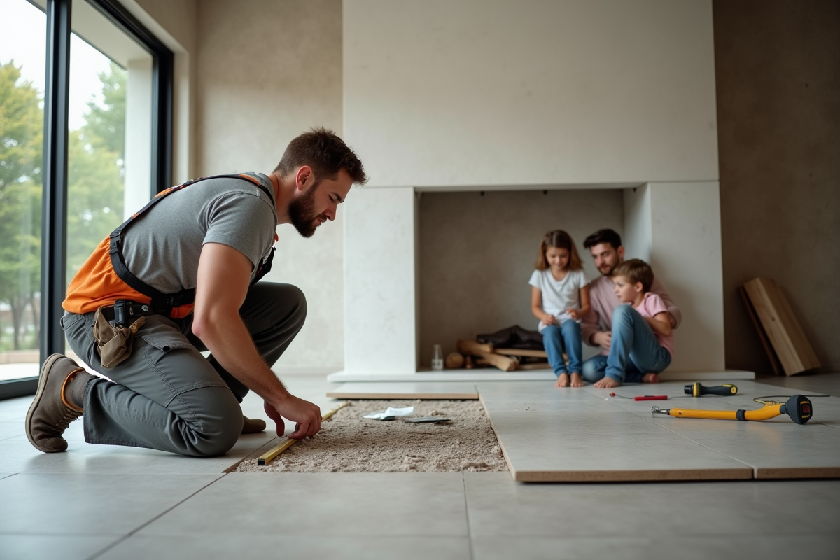 Installateur mesurant un carrelage avec famille dans un intérieur moderne