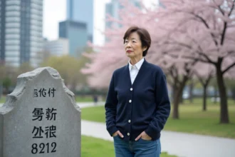 Femme japonaise devant un monument avec cerisiers en fleurs