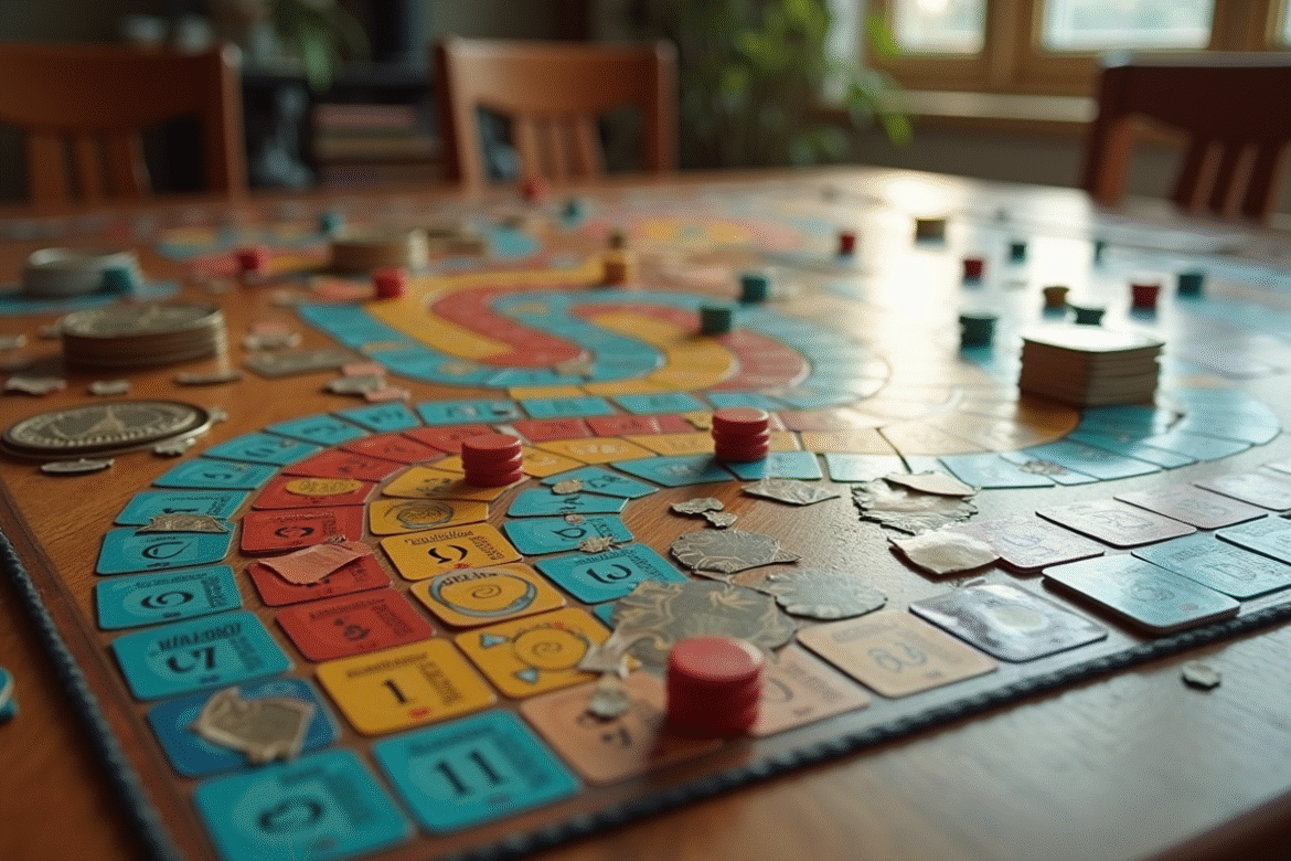 Grand plateau de jeu avec chemin complexe et pièces colorées