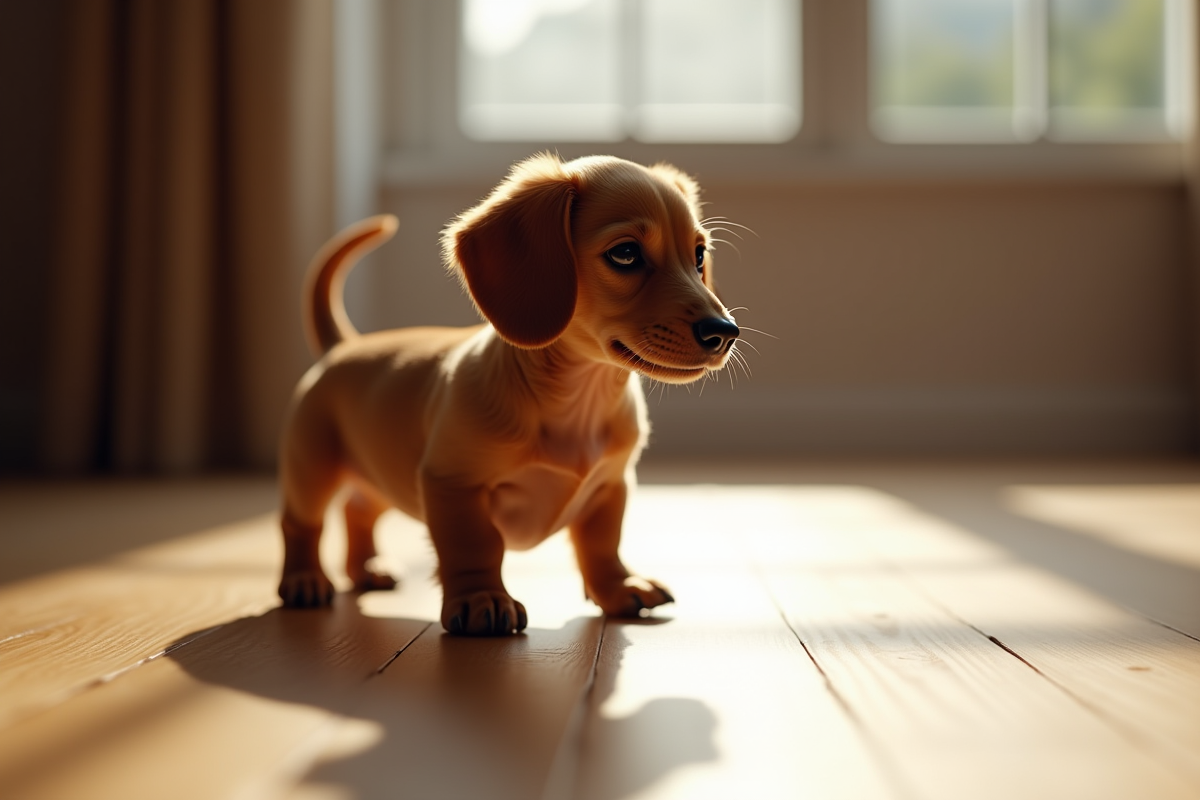 Un jeune chiot teckel debout sur un sol en bois en profil