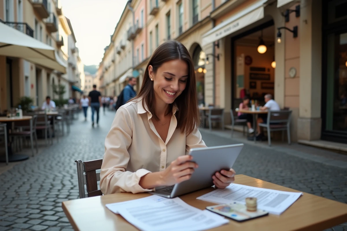 Jeune femme souriante utilisant une tablette en terrasse de café