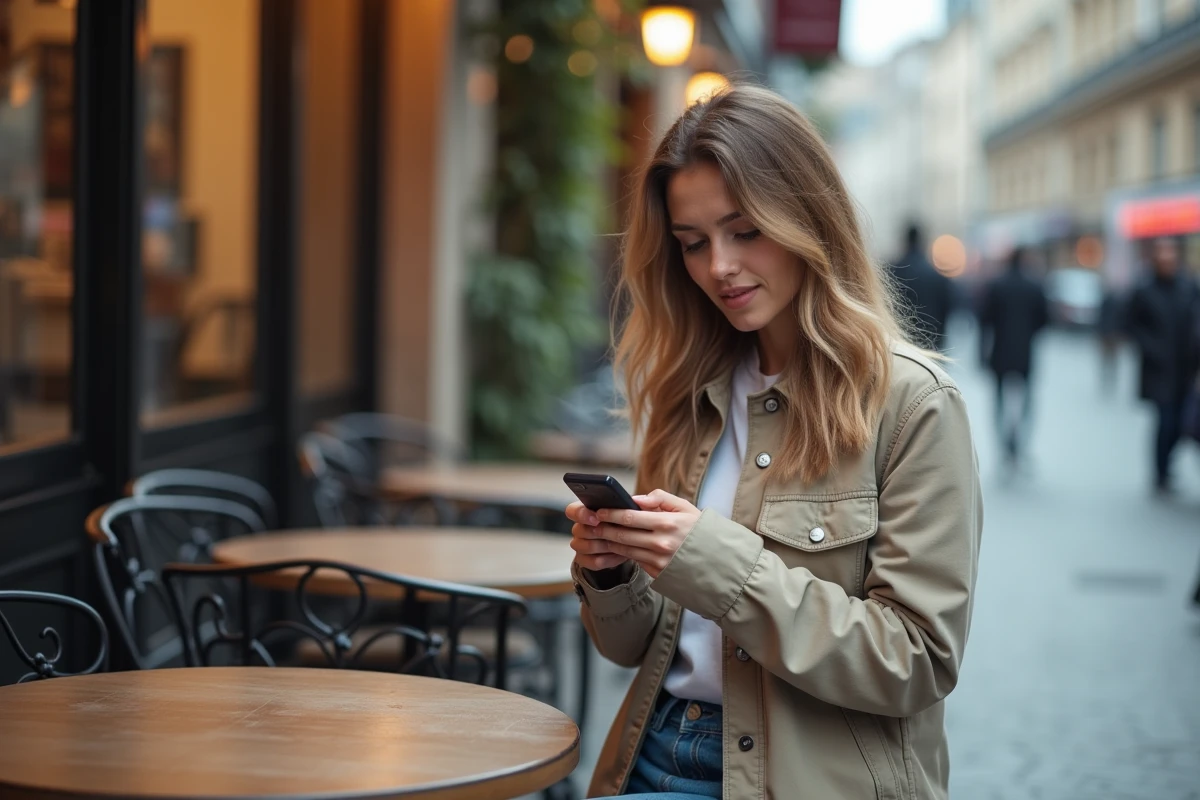 Jeune femme insérant une carte SIM dans un vieux téléphone Sony Ericsson en extérieur