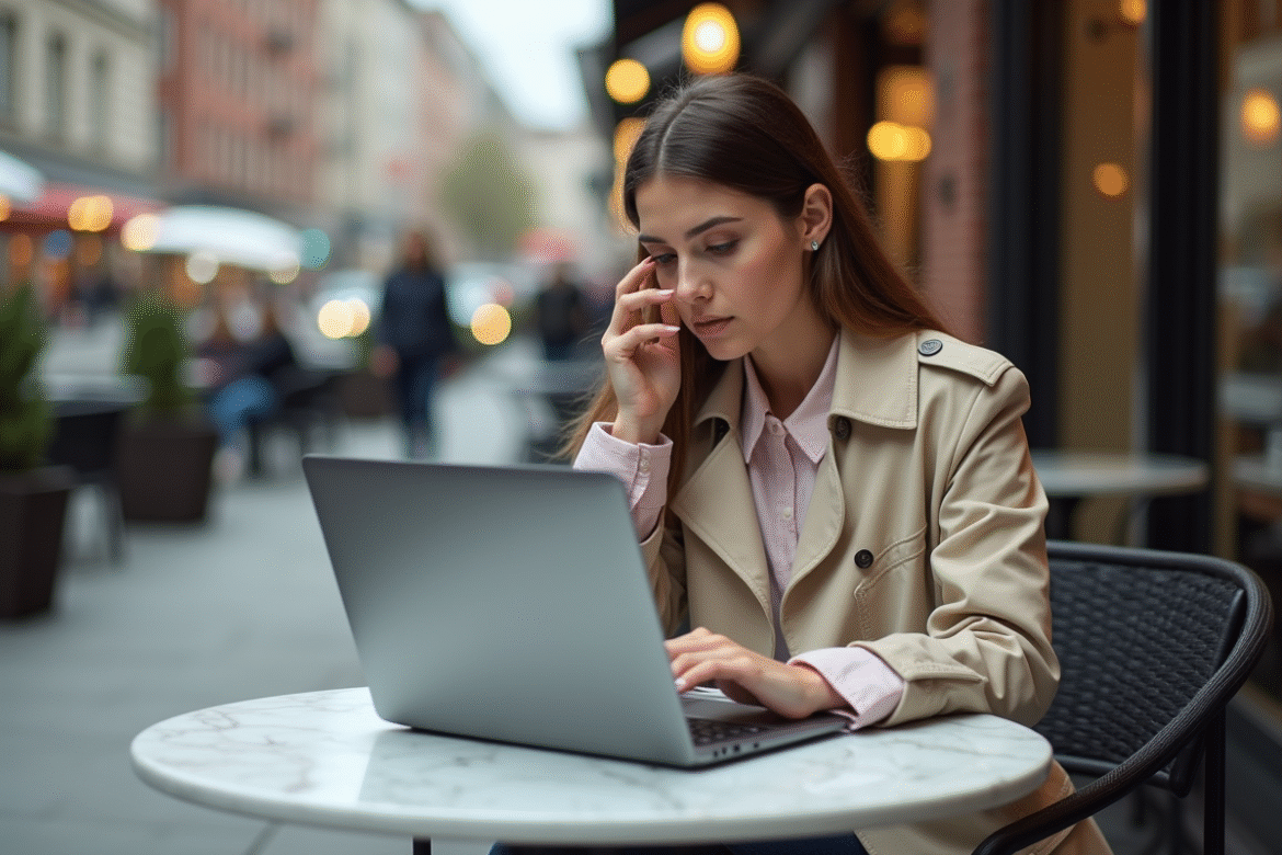 Jeune femme en trench et sneakers dans un café urbain