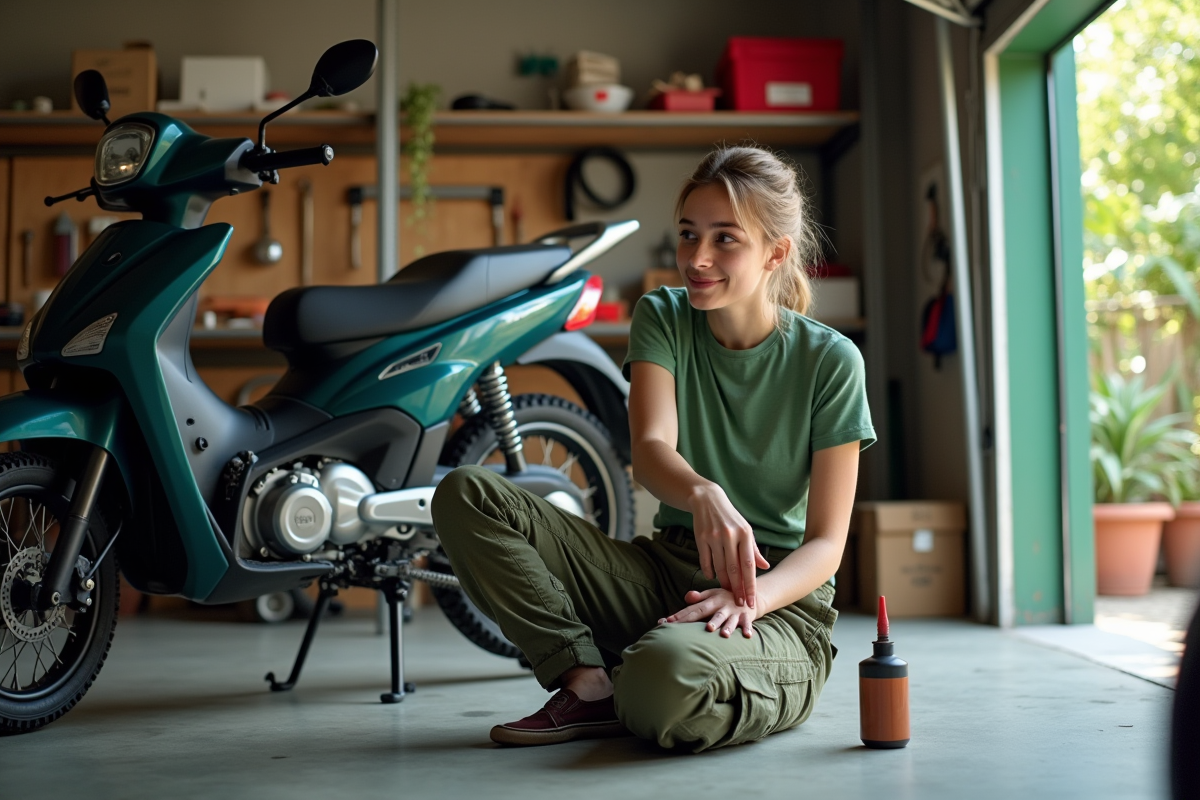 Jeune femme inspectant la chaîne de sa Honda Dax 50 dans un garage