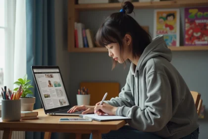 Jeune femme lisant manga sur son ordinateur dans une chambre cosy