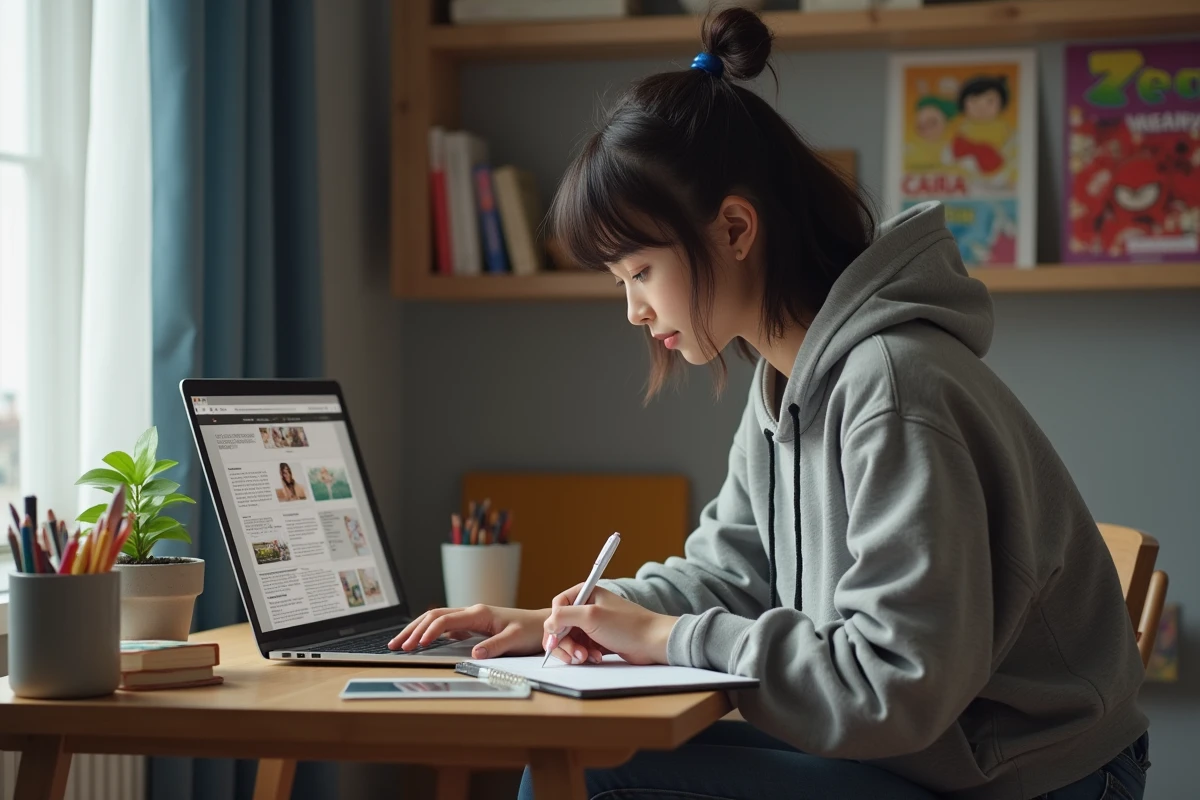 Jeune femme lisant manga sur son ordinateur dans une chambre cosy