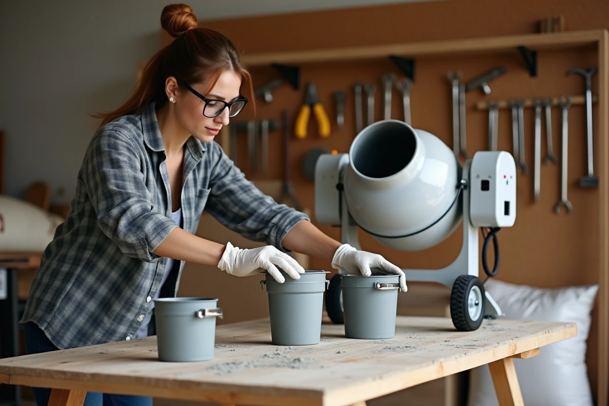 Jeune femme ajustant des seaux de mesure près d’un malaxeur