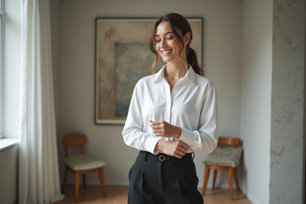 Jeune femme en urbanisme minimaliste ajustant sa manche
