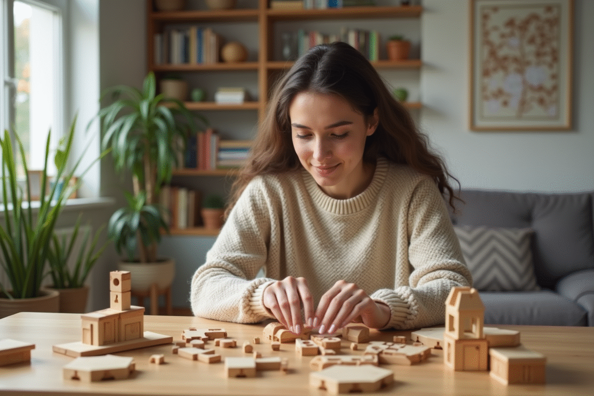 Jeune femme inspectant un puzzle en bois dans un salon lumineux