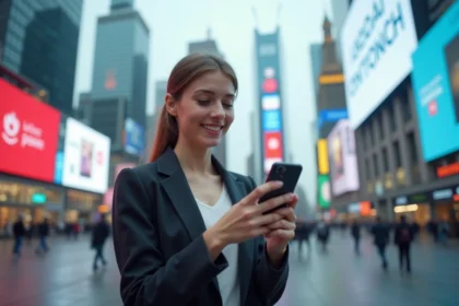 Jeune femme en ville avec smartphone et ambiance connectee