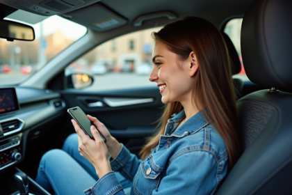 Jeune femme souriante dans une voiture moderne utilisant une application de covoiturage