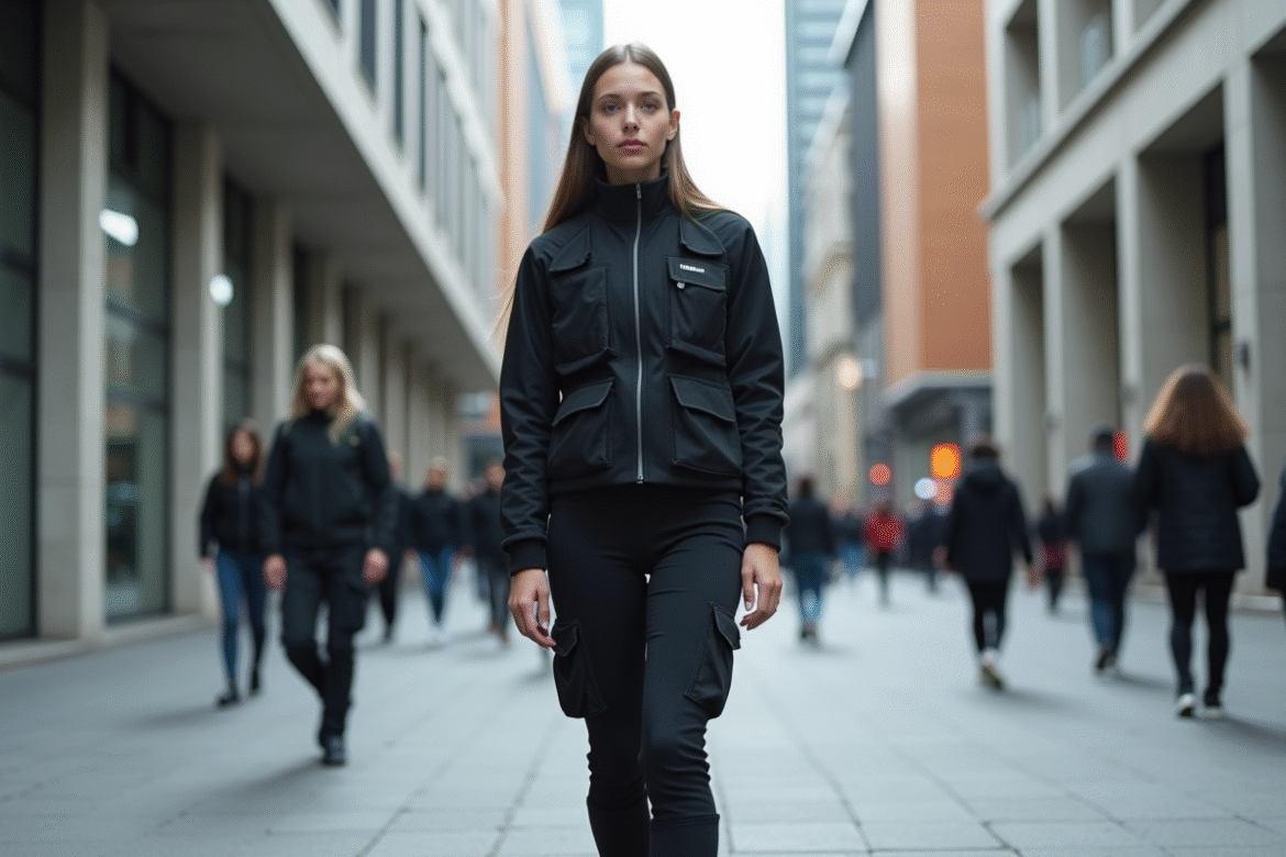Jeune femme en techwear futuriste dans une rue urbaine dynamique