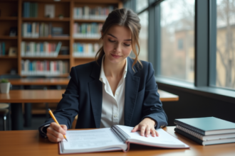 Jeune femme en blazer dans une bibliothèque universitaire