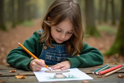 Jeune fille de 7 ans coloriant un champignon dans la nature