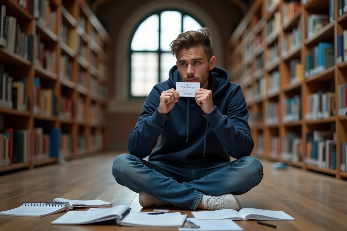 Jeune homme étudiant des fiches de mémorisation pour maîtriser des expressions françaises comme 'au sein de' dans une bibliothèque universitaire