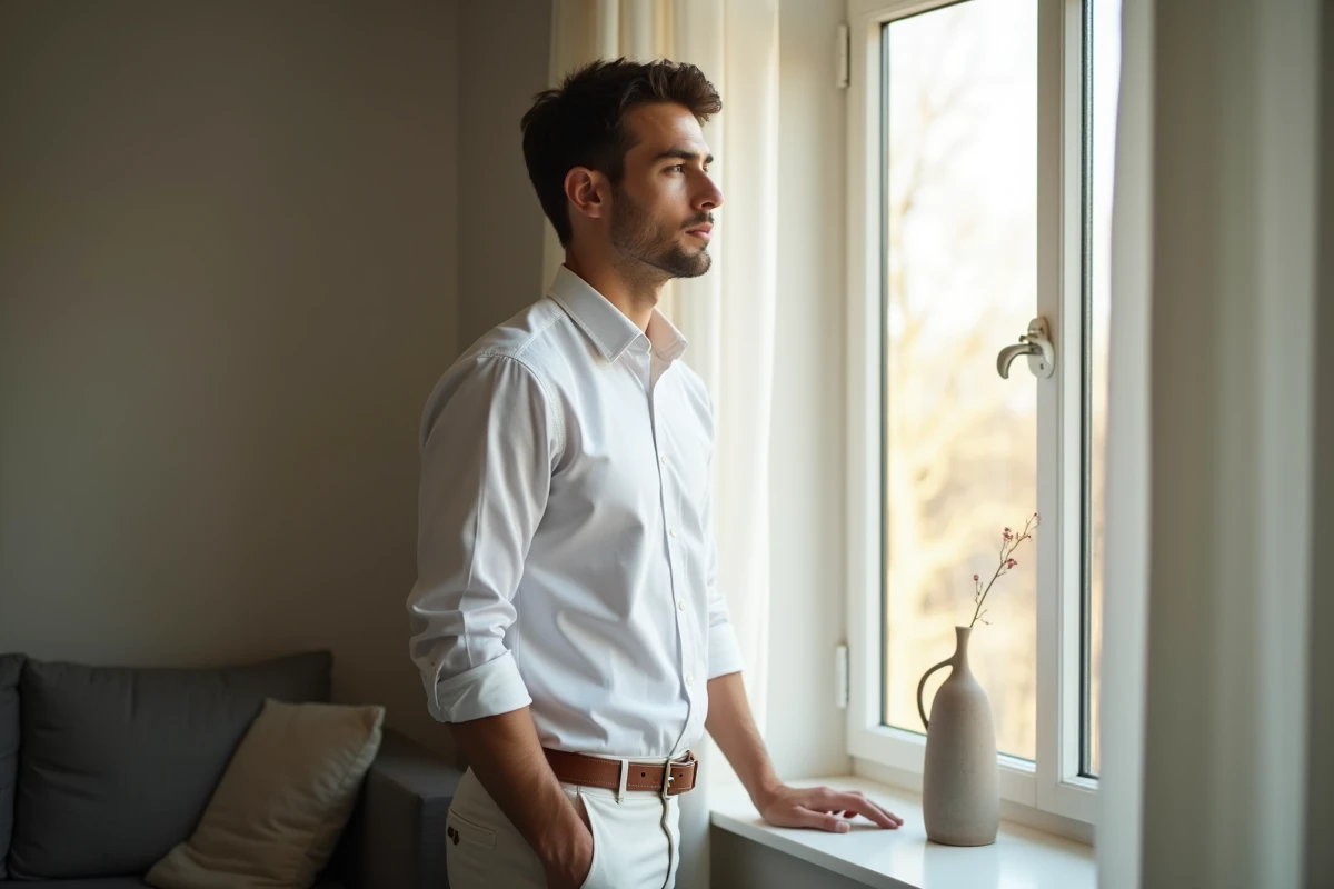Jeune homme regardant par la fenêtre dans un salon moderne