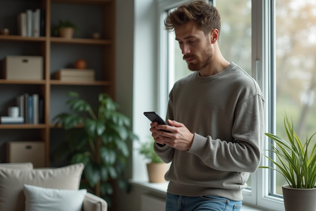 Jeune homme regardant son smartphone dans le salon