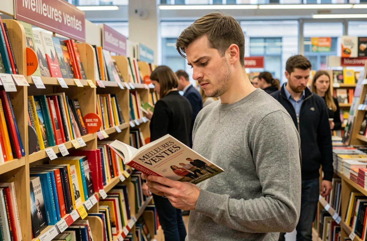 Jeune homme feuilletant un livre dans une librairie devant un rayon meilleures ventes, questionnant la notion de livre populaire