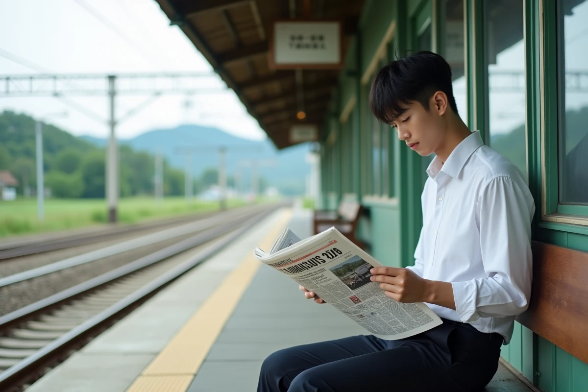 Jeune homme japonais lisant un journal à la gare rurale
