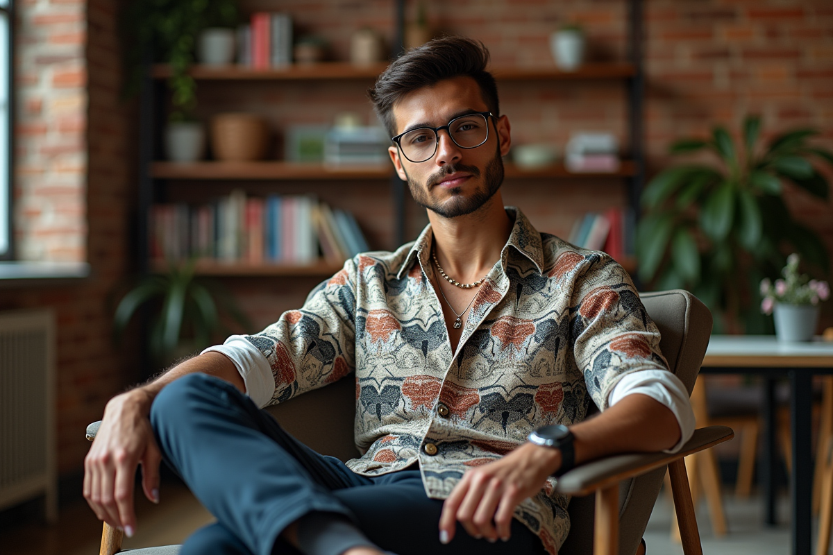 Jeune homme créatif dans un loft cosy avec style