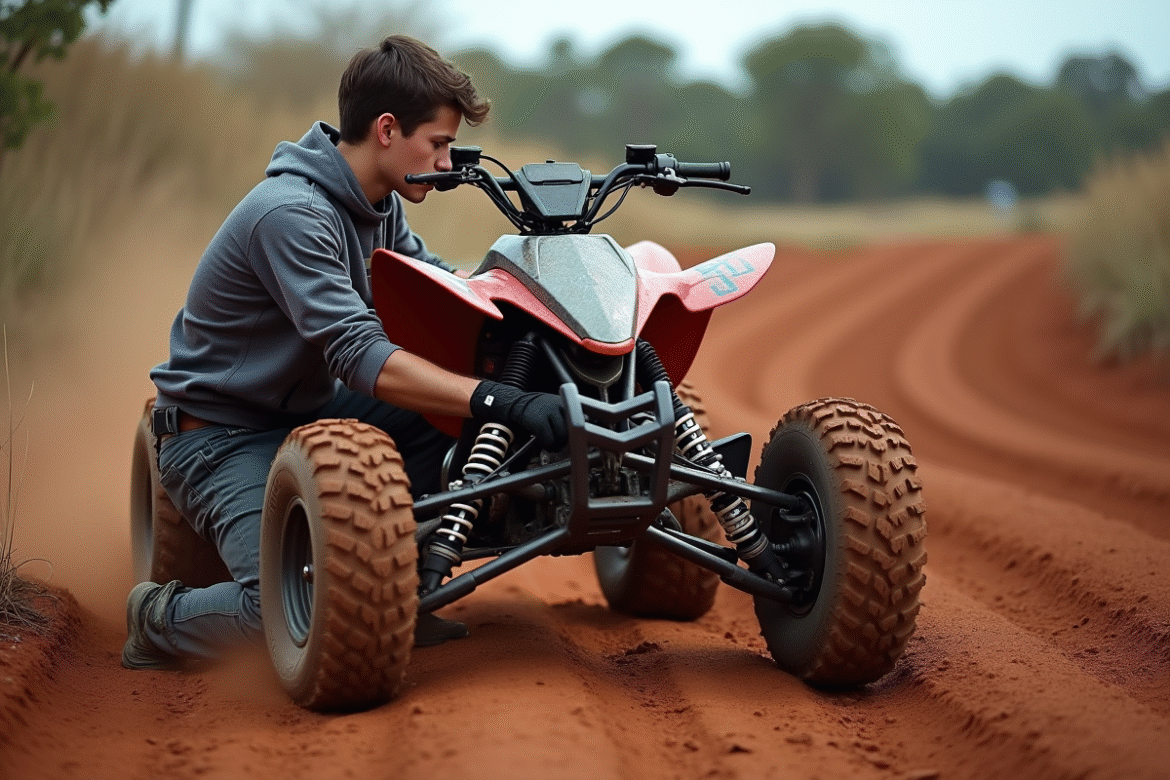 Jeune homme en motocross installe un bumper sur son quad
