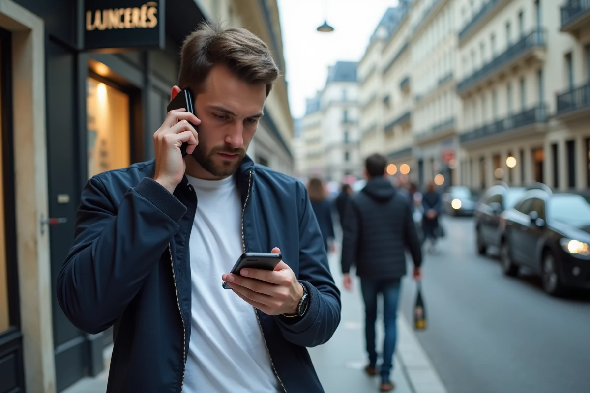 Jeune homme dans la rue regardant avec méfiance un numéro inconnu sur son téléphone mobile