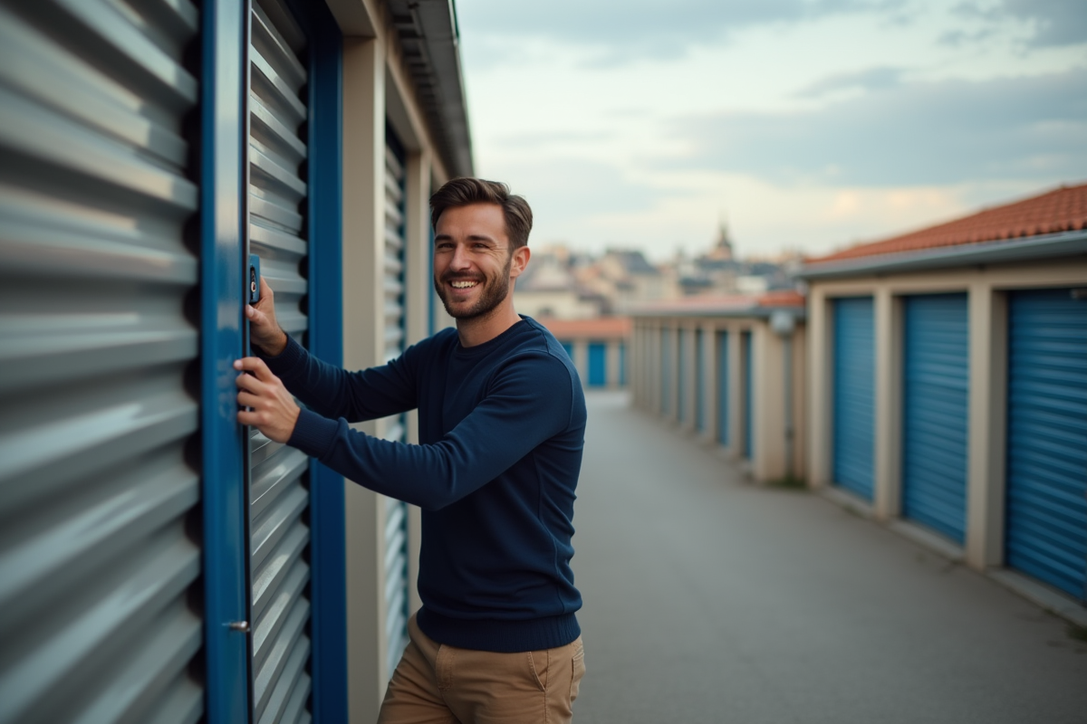 Jeune homme ouvre sa unité de stockage en banlieue parisienne