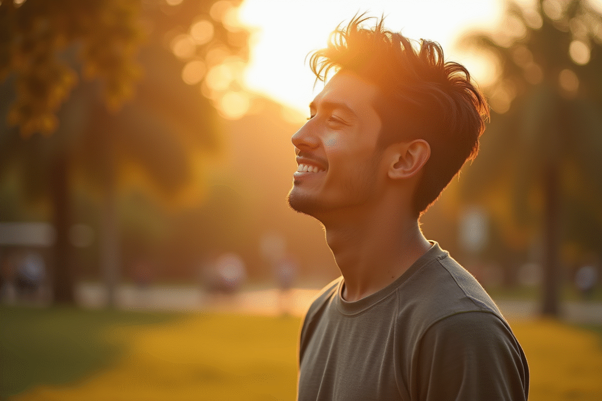 Jeune homme pensif souriant dans un parc ensoleille