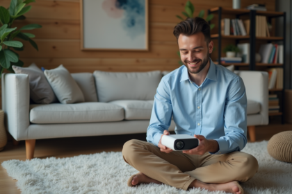 Jeune homme professionnel examine un projecteur portable dans un salon moderne