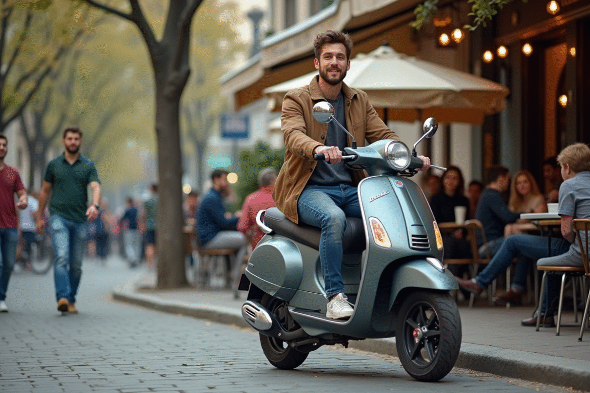 Jeune homme avec scooter dans une rue urbaine animée